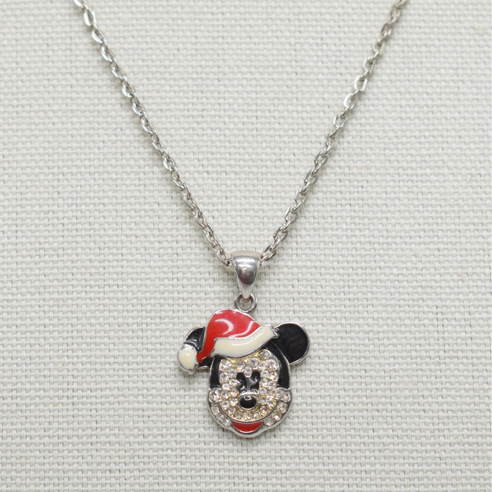 Disney Mickey Mouse Necklace Silver Red Santa Hat Rhinestone Pendant Christmas